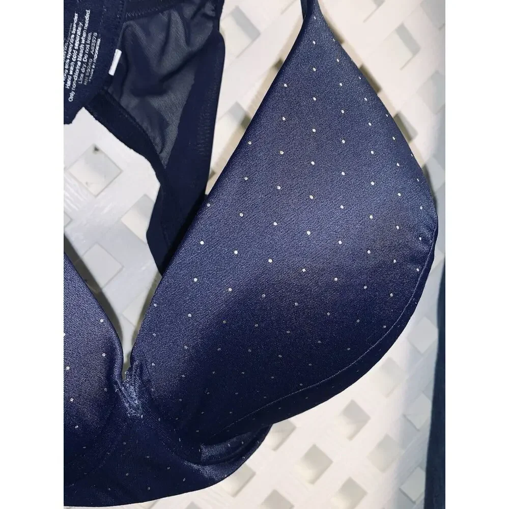 50C Catherines Intimates Plunge Bra Blue Gold Polka Dots Underwire 99249 Pad EUC
